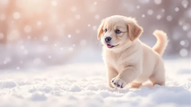 金毛犬第一次踩雪